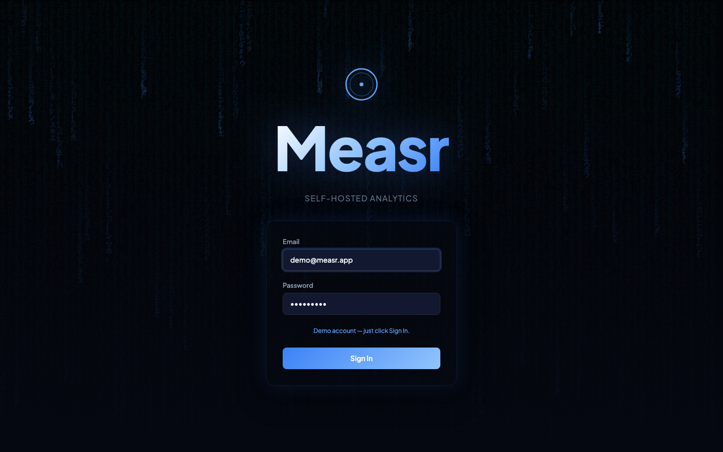 Measr dashboard sign-in screen with pre-filled demo credentials